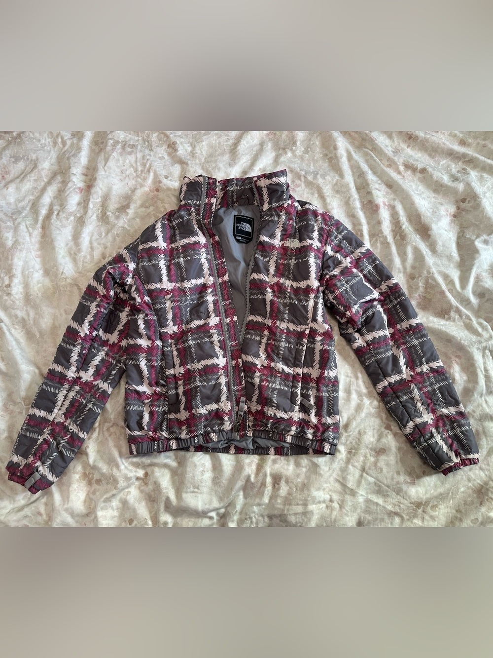 The North Face Gray Plaid Puffer Jacket with Pink Accents